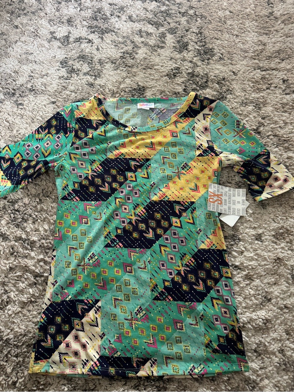 LuLaRoe Teal Yellow Navy Geometric Scoop Neck Top